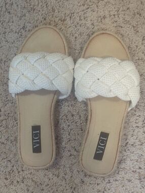 VICI White Braided Slide Sandals with Embellished Strap